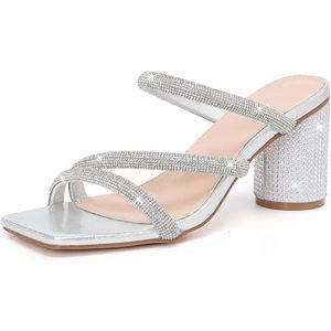 Women's Rhinestone Silver Heeled Sandals Square Toe Strappy Chunky Block Heels